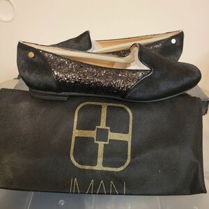 IMAN Black Calf Hair Leather Flats | Glitter Side Detail Wide Width Size 10